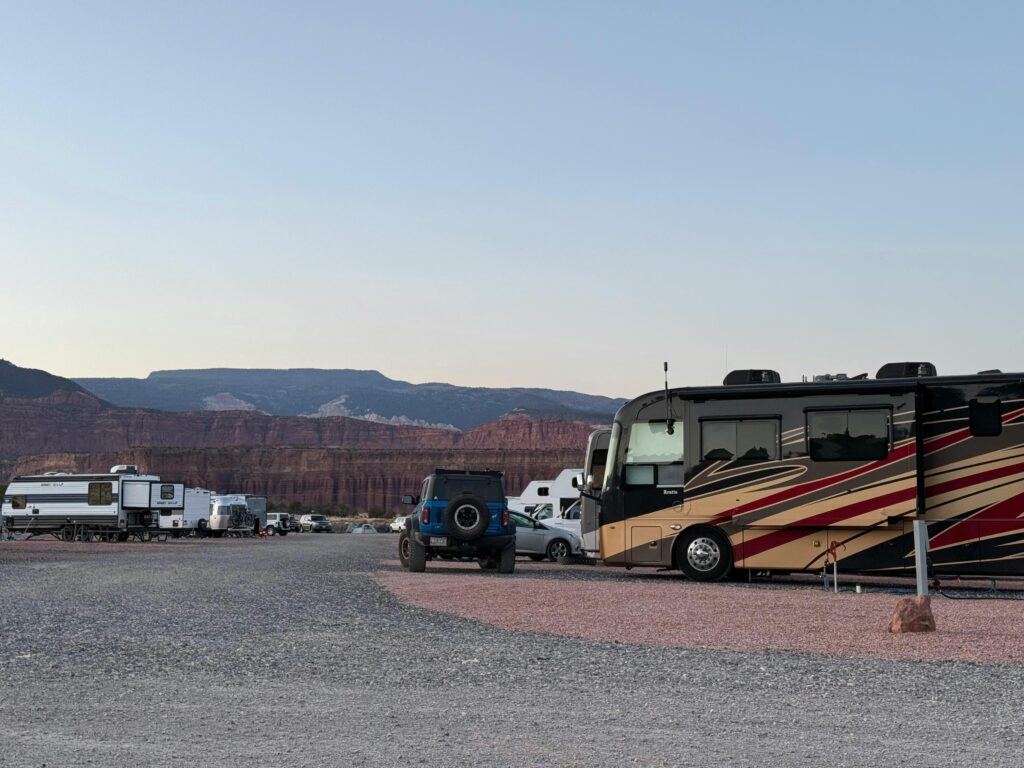 Scenic view of RVs parked against Utah's red rock formations in Teasdale.