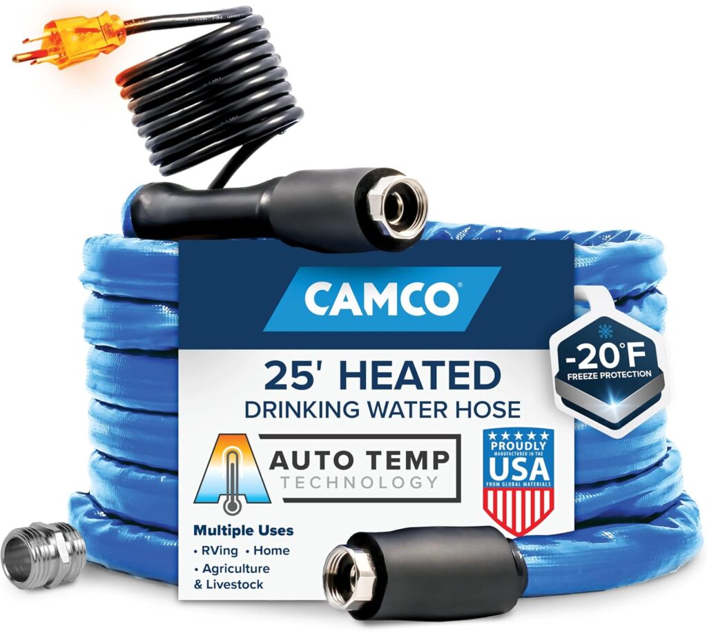 Camco 25-foot heated RV drinking water hose with built-in heat tracing and insulation for freeze protection