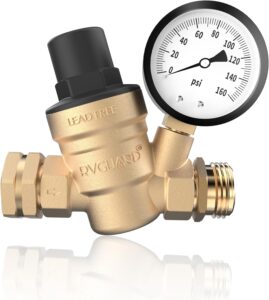 Brass adjustable RV water pressure regulator with built-in PSI gauge