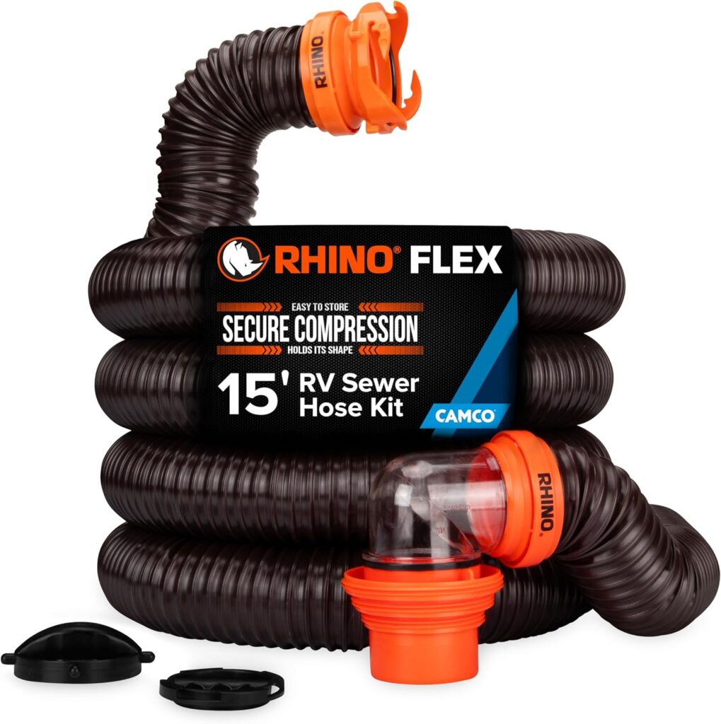 15-foot heavy-duty RV sewer hose with crush-resistant design and clear elbow and bayonet connectors