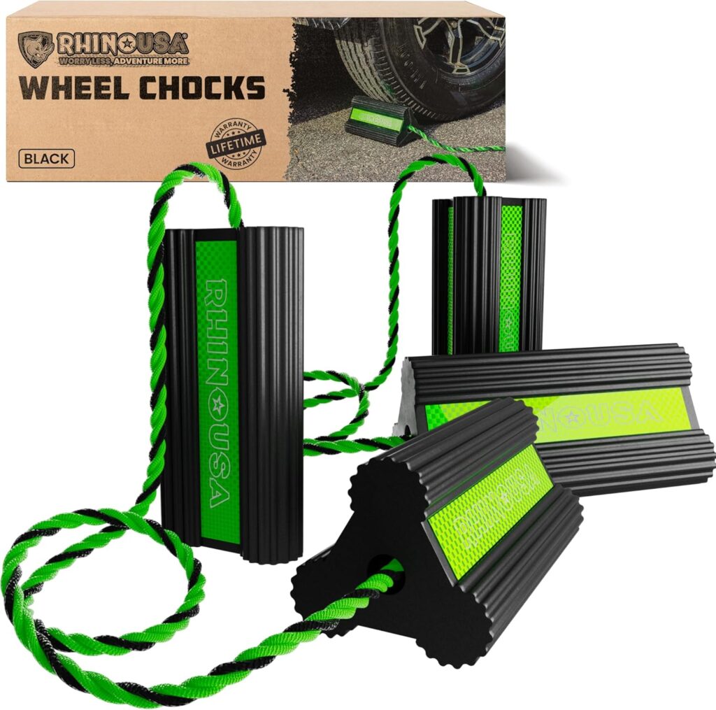 Heavy-duty rubber RV wheel chocks with non-slip tread