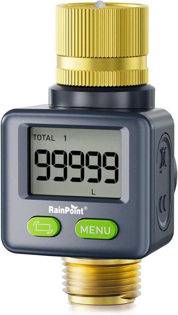 Digital RV water flow meter with hose connection and gallon display